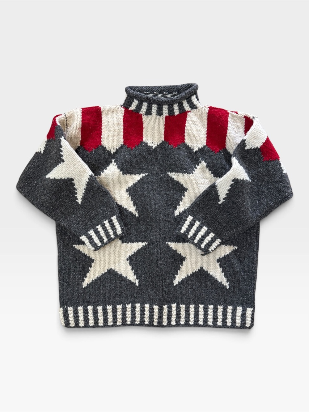VTG Hand-Knit Chunky 100% Wool Americana Stars & Stripes Sweater Oversized Sz XL